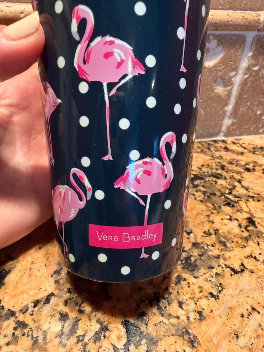 Vera Bradley Navy Tumbler with Pink Flamingos and White Polka Dots - Picture 2 of 6